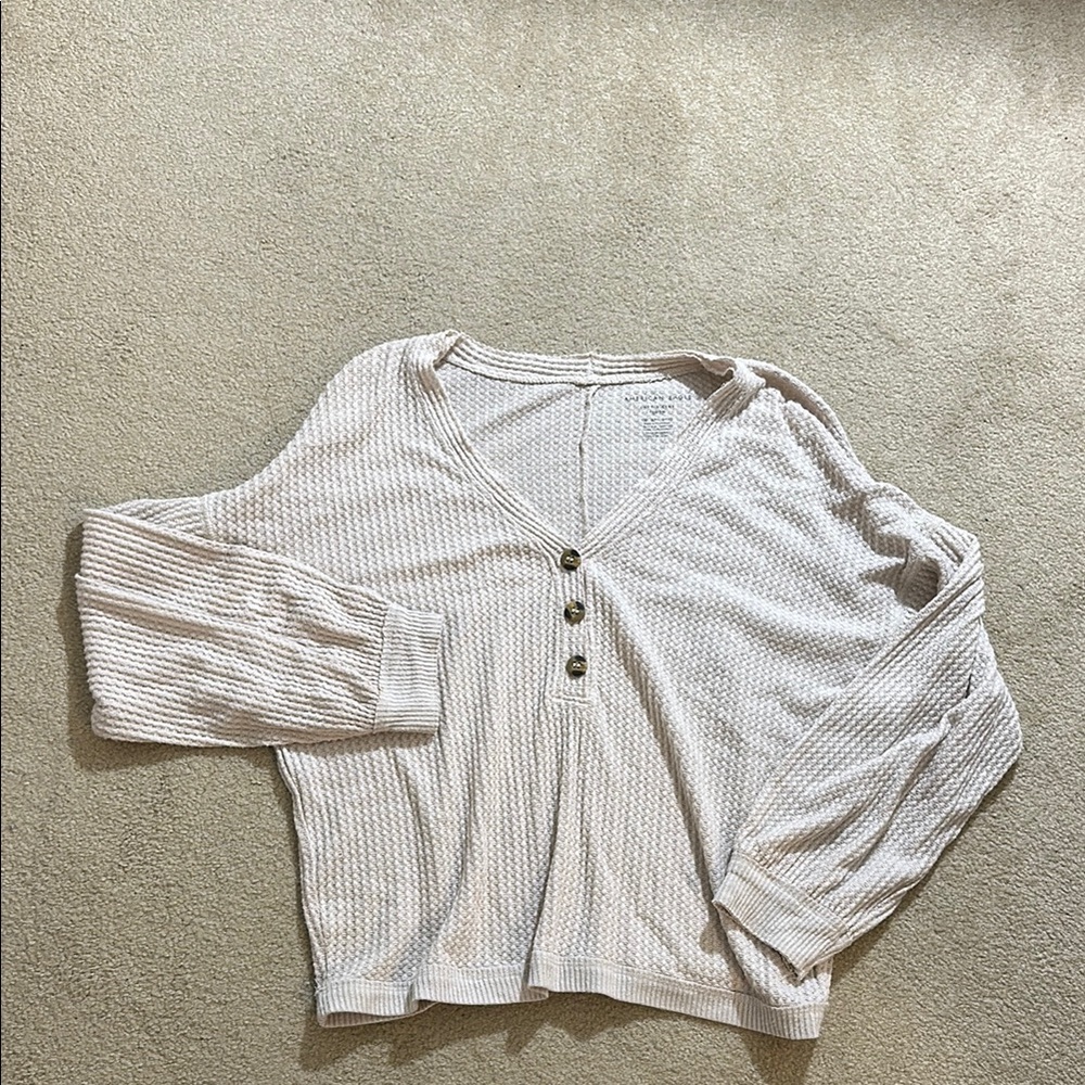 American Eagle Cream Waffle Knit Button-Up Sweater